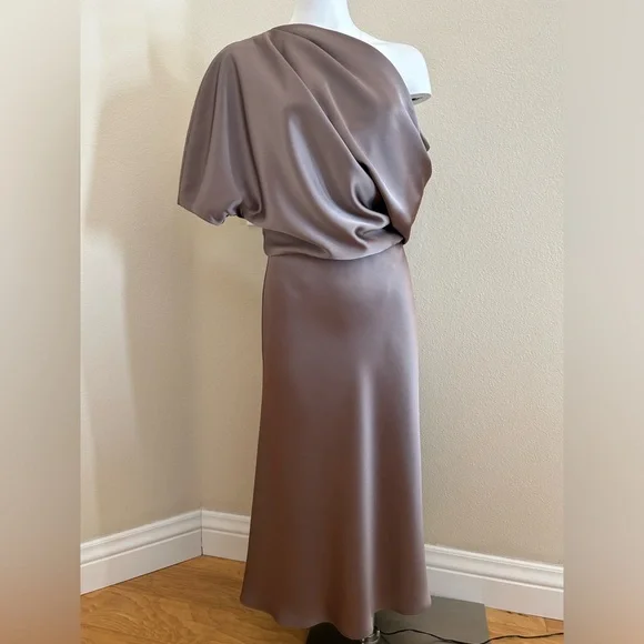 Amsale NWOT One Shoulder Fluid Cocktail Midi Dress 8 Mocha
